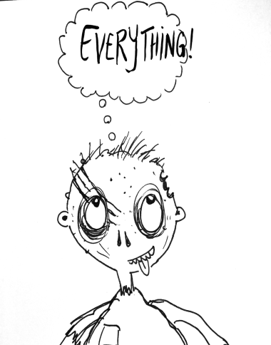 A zombie deep in thought, with a thought bubble above its head that says 'everything.'