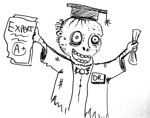 A zombie wearing a scholar's graduation cap, holding a scroll in one hand and a paper that reads 'Expert A+' in the other.