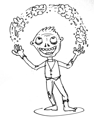 A zombie juggling multiple brains, symbolizing multitasking.