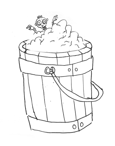 A zombie peeking its head out from inside a full bucket