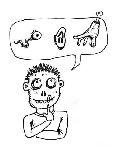 A zombie with a thought bubble above its head containing an eye, ear, and hand, symbolizing different learning styles.