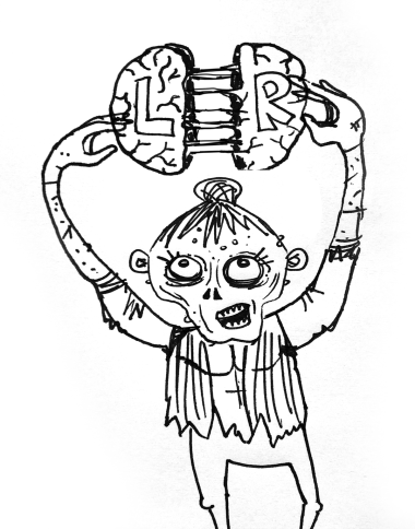 A zombie holding up a brain split into two halves, representing the left and right brain.