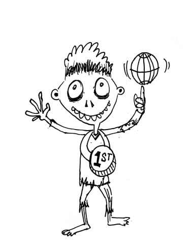 A zombie wearing a first-place medal, spinning a ball on its finger.